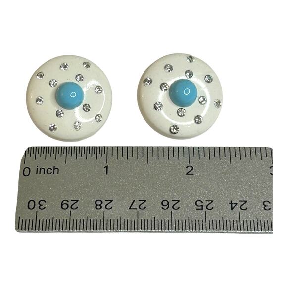 Vintage Celluloid White Light Blue Rhinestone Accents Round Clip On Earrings - Picture 3 of 4